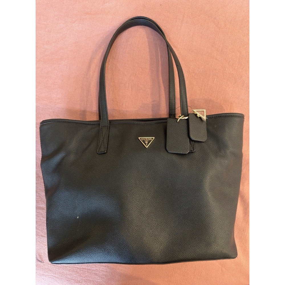 GUESS Black Faux Pebbled Leather Tote Bag Shoulder Purse Triangle Logo Charm